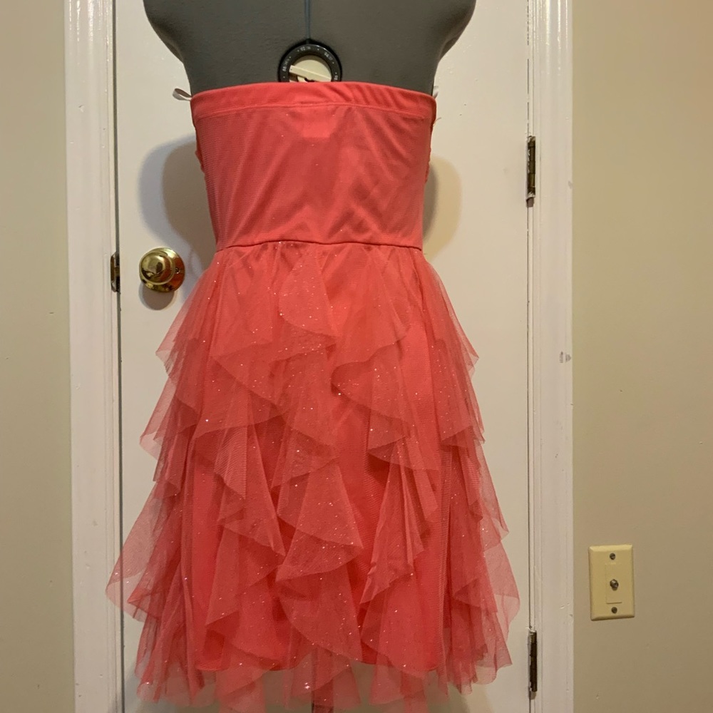 EUC Deb Strapless Coral Sparkly ruffles Prom/ Cocktail mini Dress - Picture 2 of 9